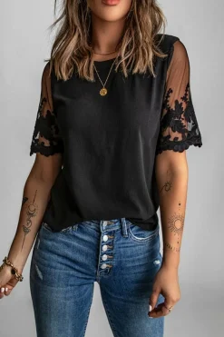 Outlet Dear-Lover Floral Lace Sleeve Patchwork Top Black