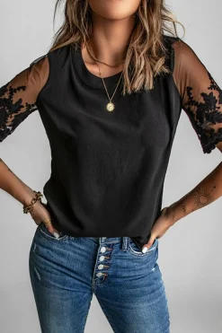 Outlet Dear-Lover Floral Lace Sleeve Patchwork Top Black