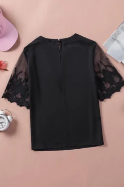 Outlet Dear-Lover Floral Lace Sleeve Patchwork Top Black