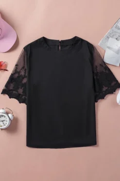 Outlet Dear-Lover Floral Lace Sleeve Patchwork Top Black