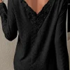 Discount Dear-Lover Floral Lace Splicing Eyelet Long Sleeve Top Black