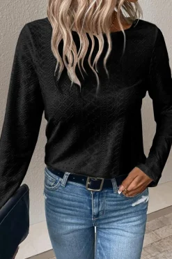 Discount Dear-Lover Floral Lace Splicing Eyelet Long Sleeve Top Black