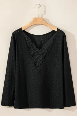Discount Dear-Lover Floral Lace Splicing Eyelet Long Sleeve Top Black