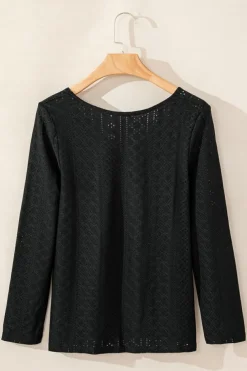 Discount Dear-Lover Floral Lace Splicing Eyelet Long Sleeve Top Black