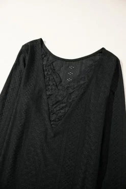 Discount Dear-Lover Floral Lace Splicing Eyelet Long Sleeve Top Black
