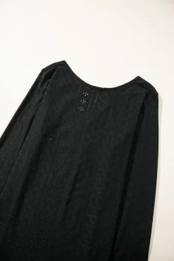 Discount Dear-Lover Floral Lace Splicing Eyelet Long Sleeve Top Black