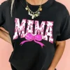 Fashion Dear-Lover Floral MAMA Bow Graphic Crewneck T Shirt Black