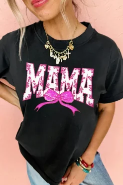 Fashion Dear-Lover Floral MAMA Bow Graphic Crewneck T Shirt Black
