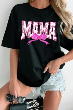 Fashion Dear-Lover Floral MAMA Bow Graphic Crewneck T Shirt Black