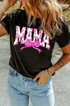 Fashion Dear-Lover Floral MAMA Bow Graphic Crewneck T Shirt Black