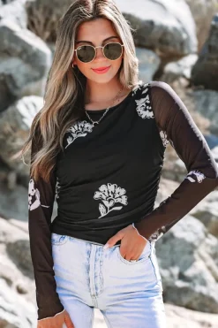 Hot Dear-Lover Floral Mesh Lettuce Edge Ruched Slim Long Sleeve Top Black