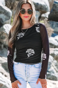 Hot Dear-Lover Floral Mesh Lettuce Edge Ruched Slim Long Sleeve Top Black