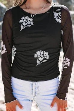 Hot Dear-Lover Floral Mesh Lettuce Edge Ruched Slim Long Sleeve Top Black