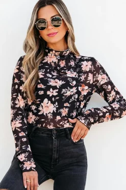 Clearance Dear-Lover Floral Mesh Mock Neck Long Sleeve Slim Fit Top Black