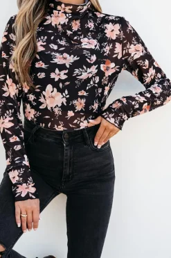 Clearance Dear-Lover Floral Mesh Mock Neck Long Sleeve Slim Fit Top Black