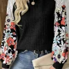 Sale Dear-Lover Floral Patchwork Long Sleeve Ribbed Blouse Black