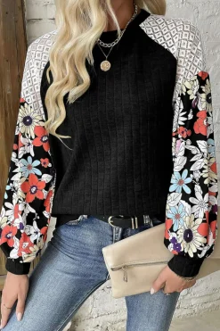 Sale Dear-Lover Floral Patchwork Long Sleeve Ribbed Blouse Black