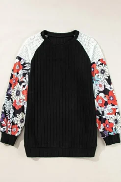 Sale Dear-Lover Floral Patchwork Long Sleeve Ribbed Blouse Black