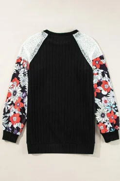 Sale Dear-Lover Floral Patchwork Long Sleeve Ribbed Blouse Black