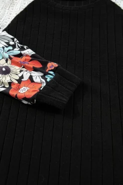 Sale Dear-Lover Floral Patchwork Long Sleeve Ribbed Blouse Black