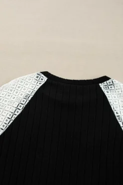 Sale Dear-Lover Floral Patchwork Long Sleeve Ribbed Blouse Black