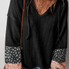New Dear-Lover Floral Patchwork Textured Knit Drawstring V Neck Blouse Black