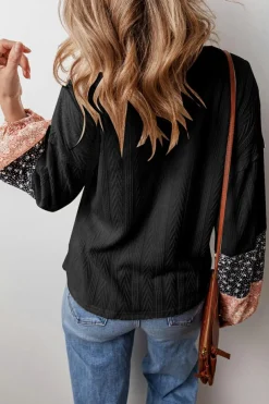 New Dear-Lover Floral Patchwork Textured Knit Drawstring V Neck Blouse Black