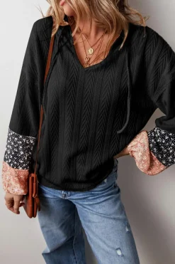 New Dear-Lover Floral Patchwork Textured Knit Drawstring V Neck Blouse Black