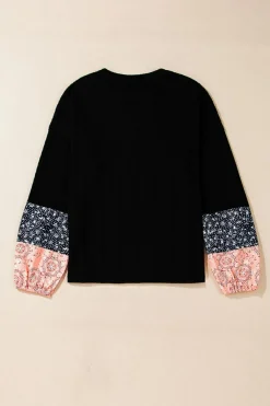 New Dear-Lover Floral Patchwork Textured Knit Drawstring V Neck Blouse Black