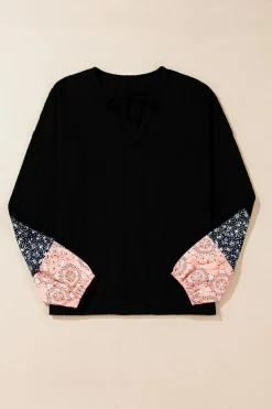 New Dear-Lover Floral Patchwork Textured Knit Drawstring V Neck Blouse Black