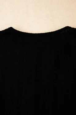 New Dear-Lover Floral Patchwork Textured Knit Drawstring V Neck Blouse Black