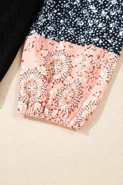 New Dear-Lover Floral Patchwork Textured Knit Drawstring V Neck Blouse Black