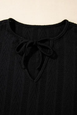 New Dear-Lover Floral Patchwork Textured Knit Drawstring V Neck Blouse Black