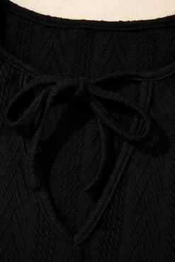 New Dear-Lover Floral Patchwork Textured Knit Drawstring V Neck Blouse Black