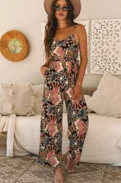 New Dear-Lover Floral Print Belted Sleeveless Wide Leg Jumpsuit Black