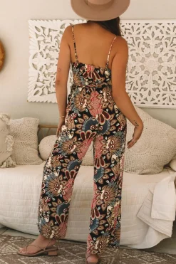 New Dear-Lover Floral Print Belted Sleeveless Wide Leg Jumpsuit Black