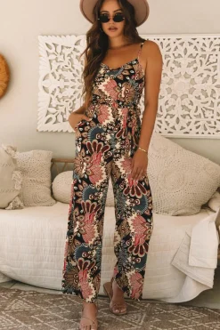 New Dear-Lover Floral Print Belted Sleeveless Wide Leg Jumpsuit Black