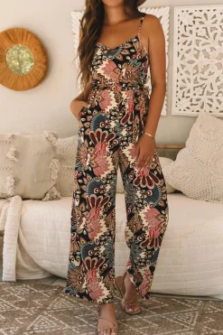 New Dear-Lover Floral Print Belted Sleeveless Wide Leg Jumpsuit Black