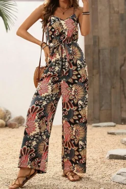 New Dear-Lover Floral Print Belted Sleeveless Wide Leg Jumpsuit Black