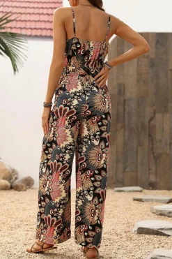 New Dear-Lover Floral Print Belted Sleeveless Wide Leg Jumpsuit Black