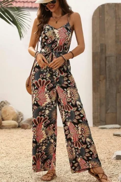 New Dear-Lover Floral Print Belted Sleeveless Wide Leg Jumpsuit Black