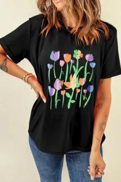 Clearance Dear-Lover Floral Print Crewneck T Shirt Black