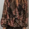 Clearance Dear-Lover Floral Print Criss Cross V Neck Balloon Sleeve Blouse Black