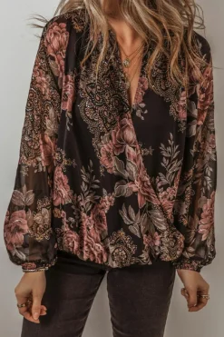 Clearance Dear-Lover Floral Print Criss Cross V Neck Balloon Sleeve Blouse Black