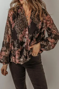 Clearance Dear-Lover Floral Print Criss Cross V Neck Balloon Sleeve Blouse Black