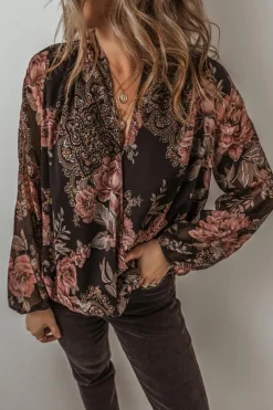 Clearance Dear-Lover Floral Print Criss Cross V Neck Balloon Sleeve Blouse Black