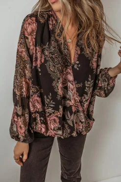 Clearance Dear-Lover Floral Print Criss Cross V Neck Balloon Sleeve Blouse Black
