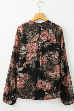 Clearance Dear-Lover Floral Print Criss Cross V Neck Balloon Sleeve Blouse Black