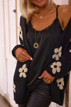 Fashion Dear-Lover Floral Print Knitted Open Front Loose Cardigan Black