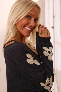 Fashion Dear-Lover Floral Print Knitted Open Front Loose Cardigan Black